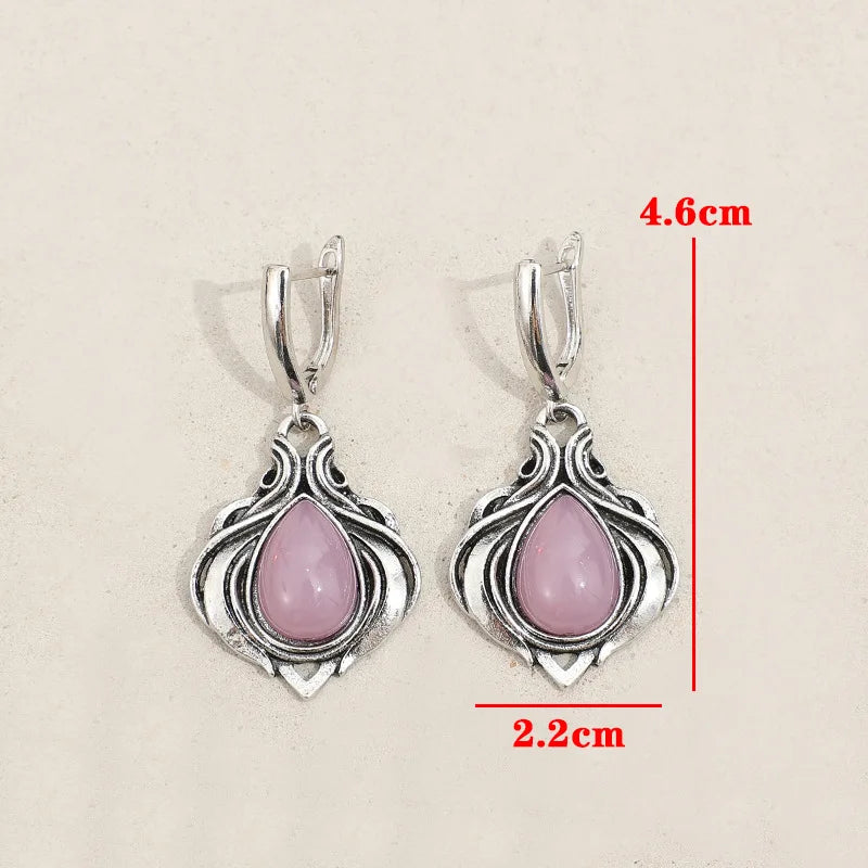 Vintage Victorian-Style Water Droplet Earrings with Pink Stones