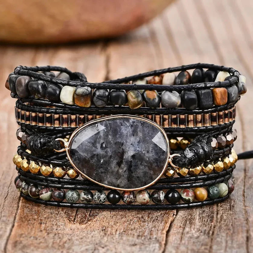 Black Labradorite and Picasso Jasper Beaded Wrap Bracelet