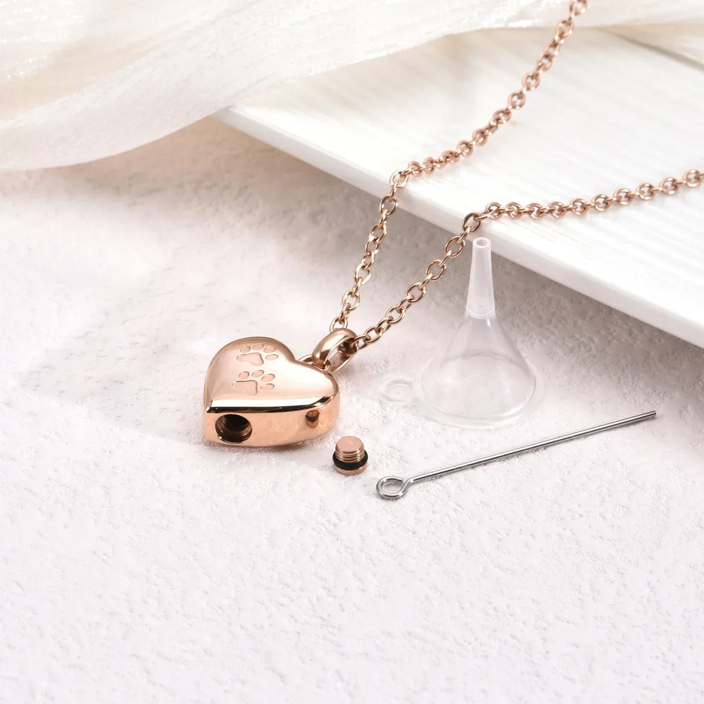 Heart-Shaped Pet Memorial Urn Pendant with Paw Engraving
