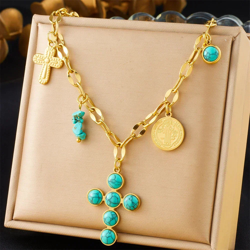 Roestvrijstalen ketting met turquoise kruis