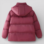 Two-Tone Quilted Hooded Coat with Stand Collar and Zip
