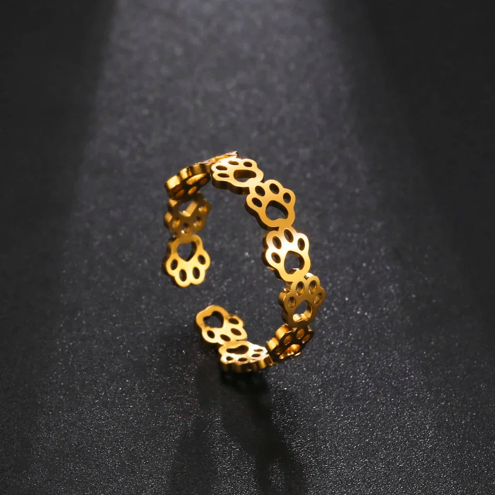 Adjustable Stainless Steel Paw Print Ring