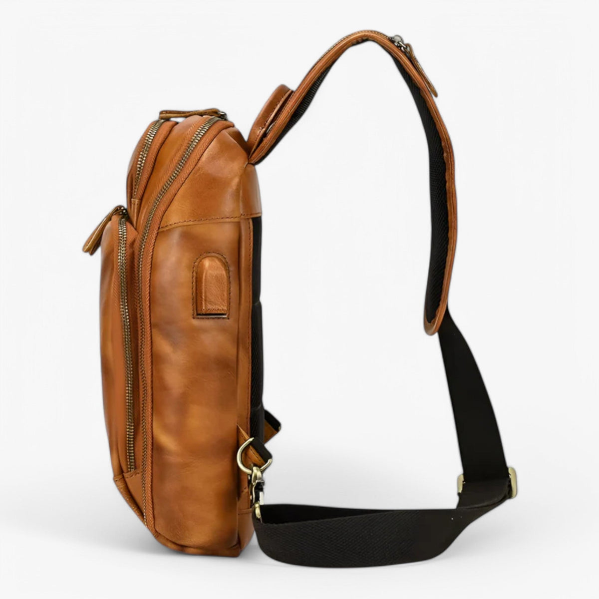 Men's Genuine Ox Leather Chest Bag with USB Charging Port
