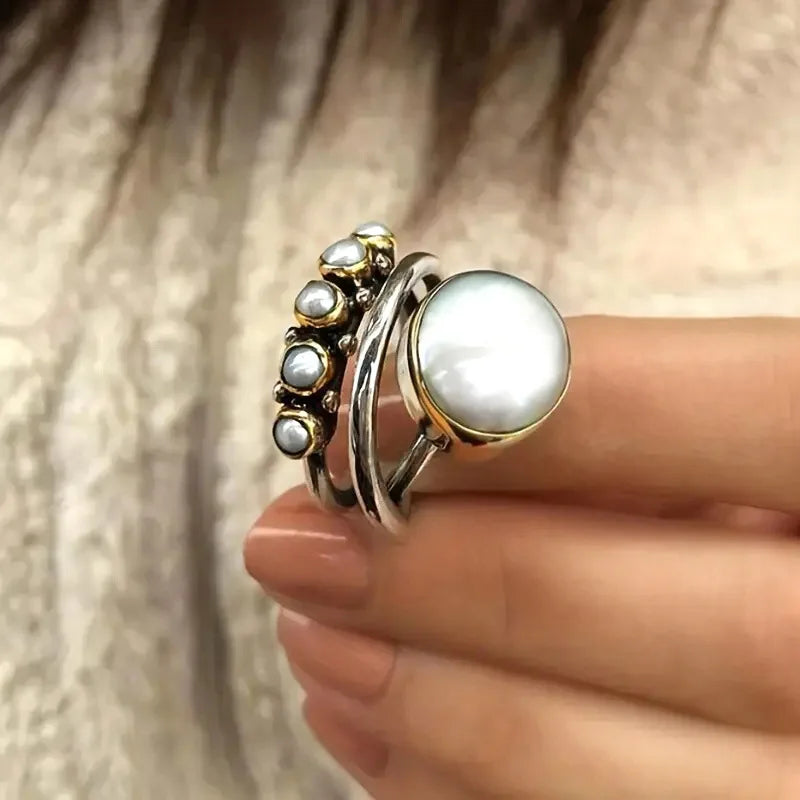 Silver-Tone Pearl Stacking Ring Set