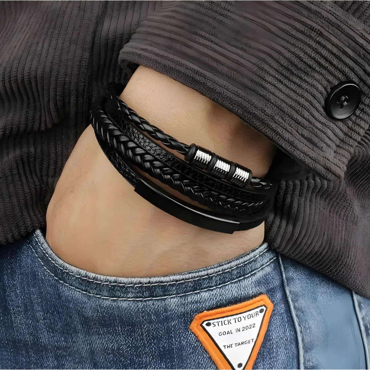 Dikke gevlochten leren armband, 21 cm