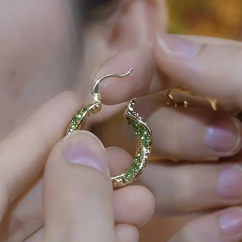 Twisted Green Zirconia Hoop Earrings