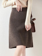 Ribbed Knit Midi Skirt with Side Slit