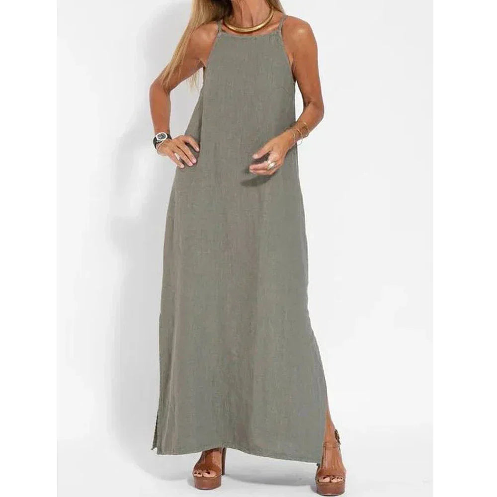 Linen Sleeveless Strappy Side-Slit Maxi Dress