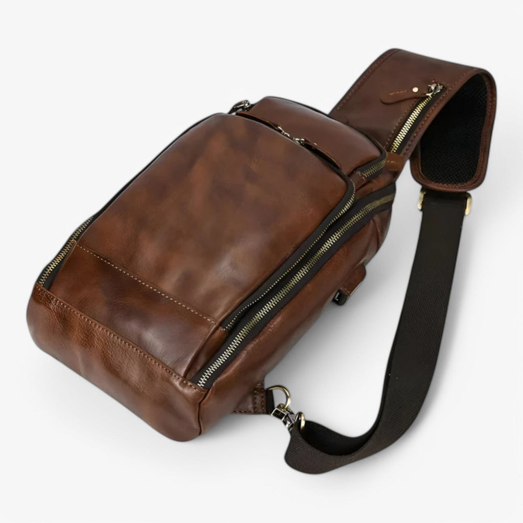 Men's Genuine Ox Leather Chest Bag with USB Charging Port