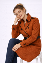 Double Breasted Suede Coat with Black Trim and Lapel Collar