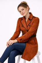 Double Breasted Suede Coat with Black Trim and Lapel Collar