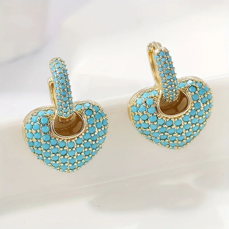 Turquoise-Look Pavé Heart Huggie Earrings