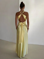 Sleeveless V-Neck Open Back Satin Maxi Dress