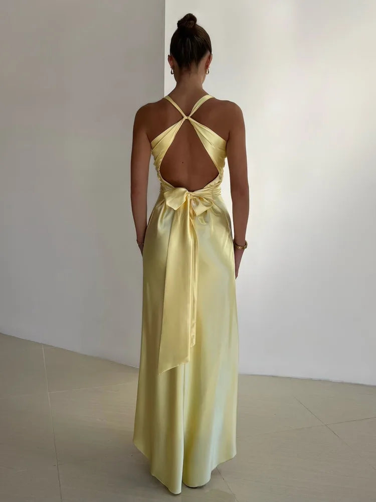 Sleeveless V-Neck Open Back Satin Maxi Dress