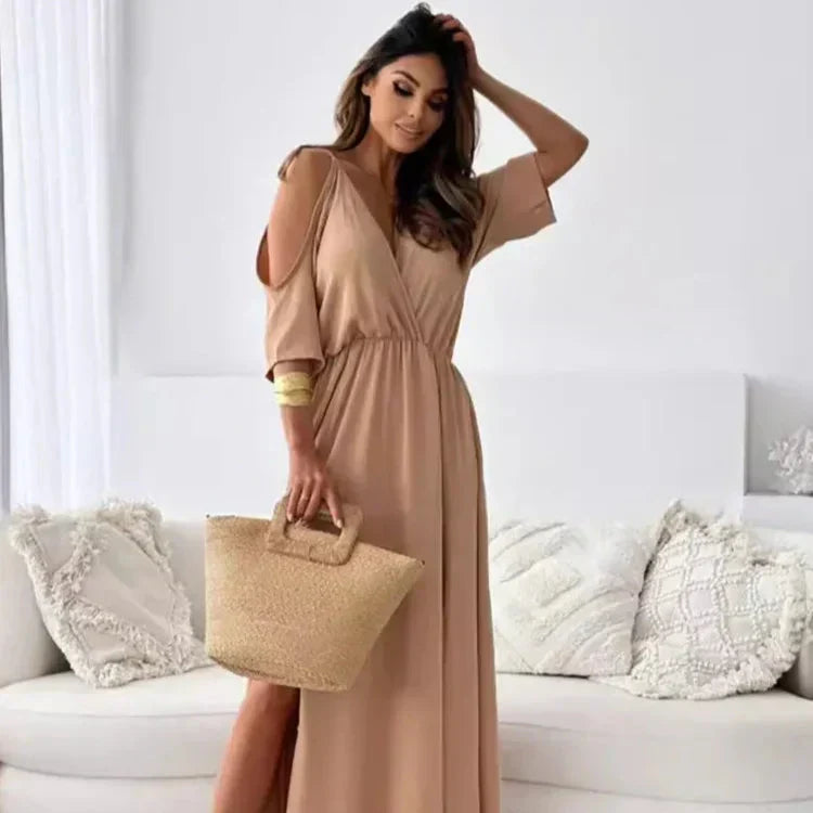 Cold Shoulder Wrap Front V-Neck Maxi Dress