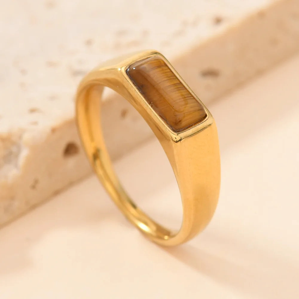 Sleek Rectangular Gemstone-Look Gold-Tone Ring