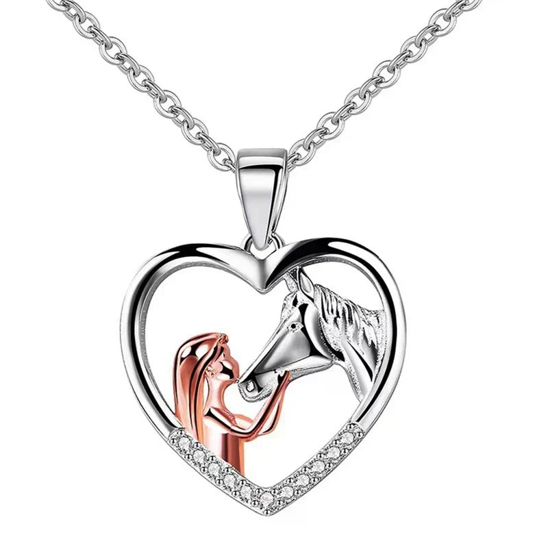 Heart Zircon Girl and Horse Necklace