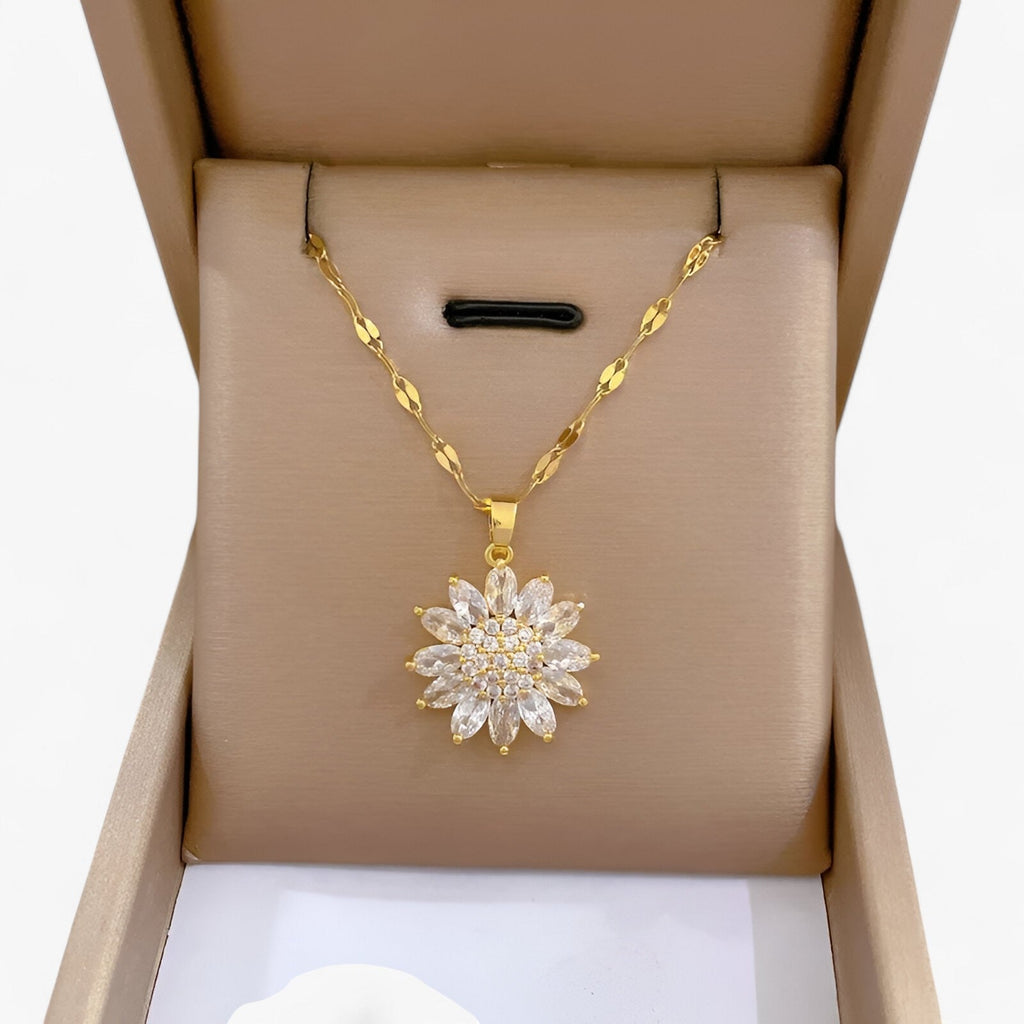 Flower Pendant Necklace with Zirconia, 316L Steel