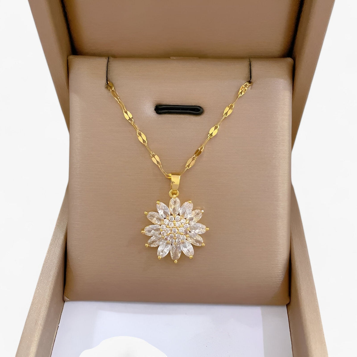 Flower Pendant Necklace with Zirconia, 316L Steel