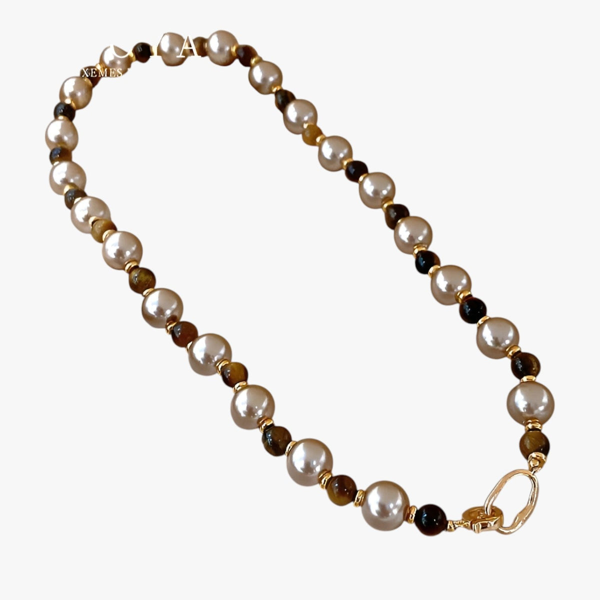 Tiger's Eye and Champagne Pearl Necklace, Gold-Tone