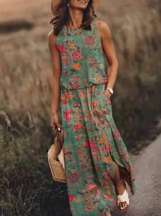 Graphic Floral Print Sleeveless Maxi Dress