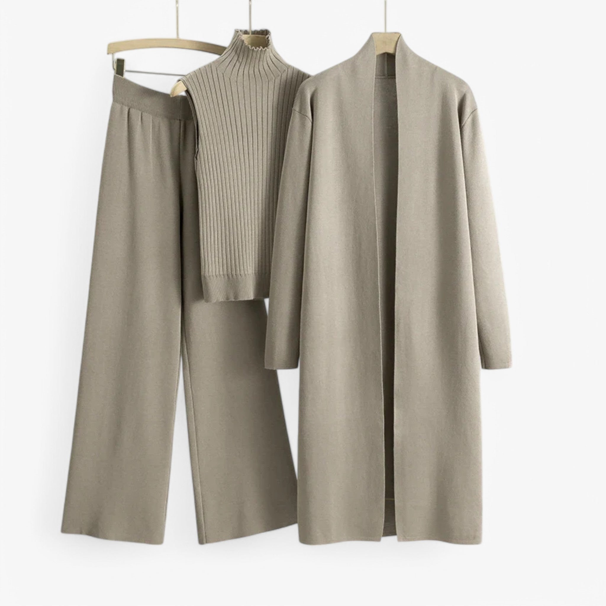 Three-Piece Knit Set with Top, Cardigan and Matching Trousers