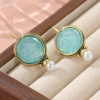 Aqua Carved Stone and Pearl Drop Earrings