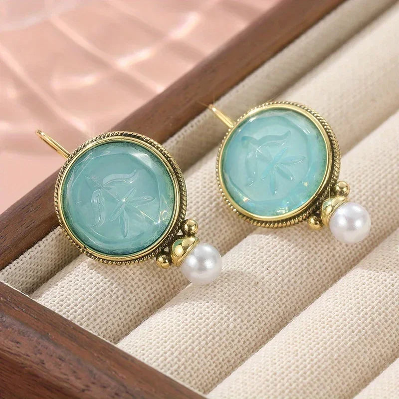 Aqua Carved Stone and Pearl Drop Earrings
