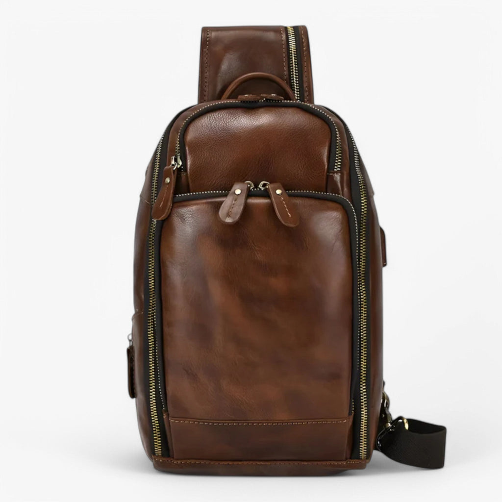 Men's Genuine Ox Leather Chest Bag with USB Charging Port
