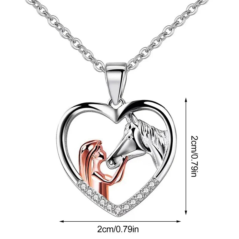 Heart Zircon Girl and Horse Necklace