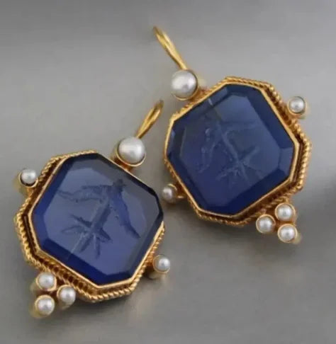 Vintage-Style Geometric Pearl Pendant Drop Earrings