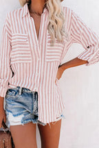 Striped Button-Front Blouse with Chest Pockets