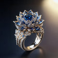 Blue Lotus Ring with Leaf-Wrapped Silver-Tone Band