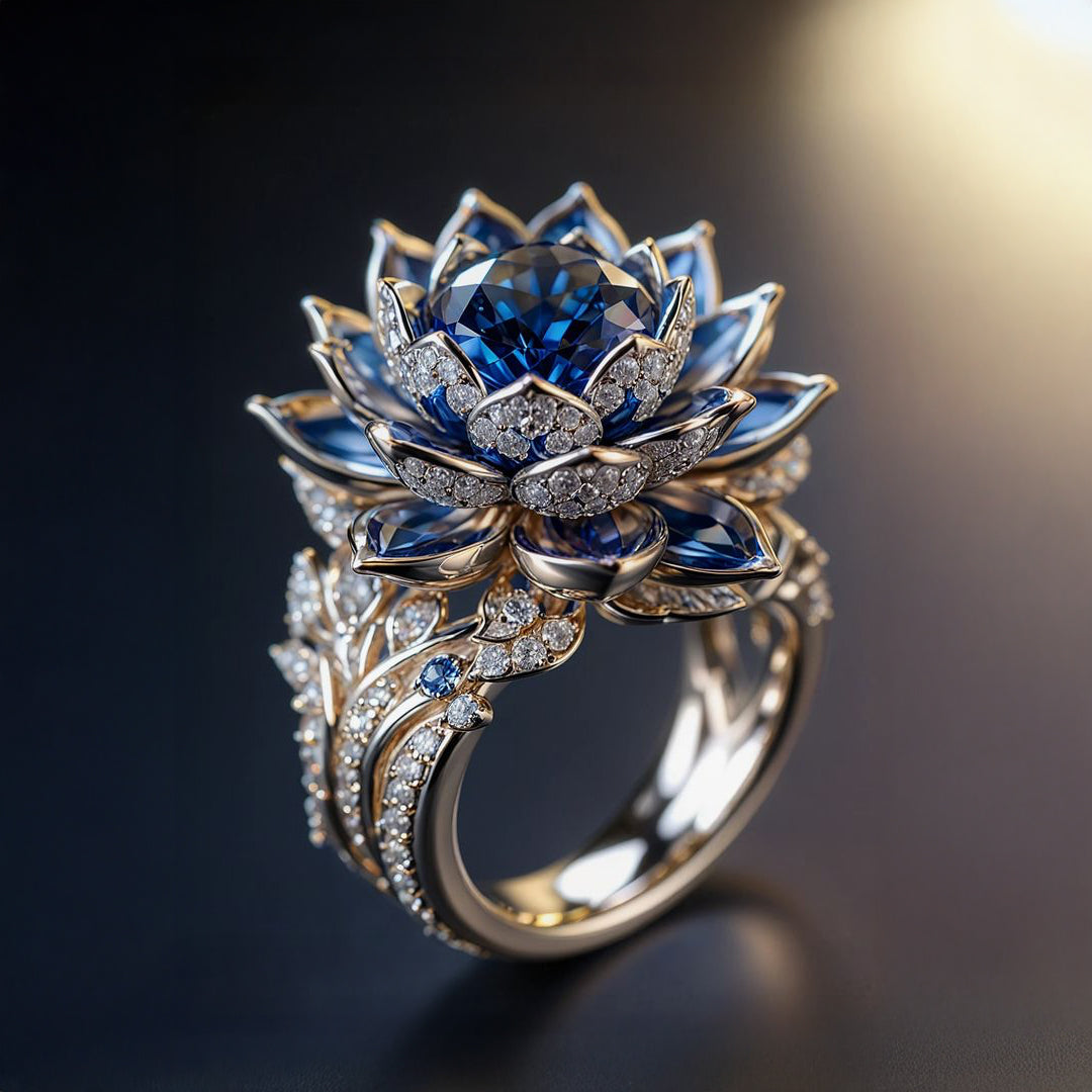 Blue Lotus Ring with Leaf-Wrapped Silver-Tone Band