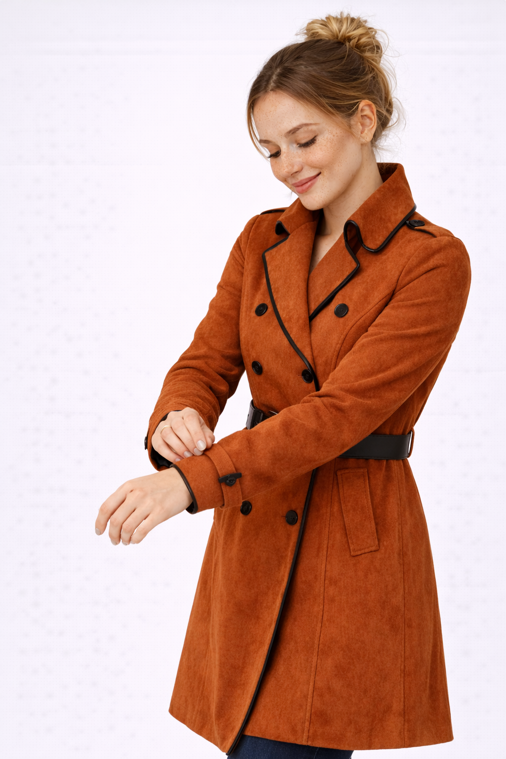 Double Breasted Suede Coat with Black Trim and Lapel Collar