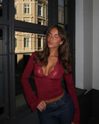 Lace-Trim V-Neck Long Sleeve Top