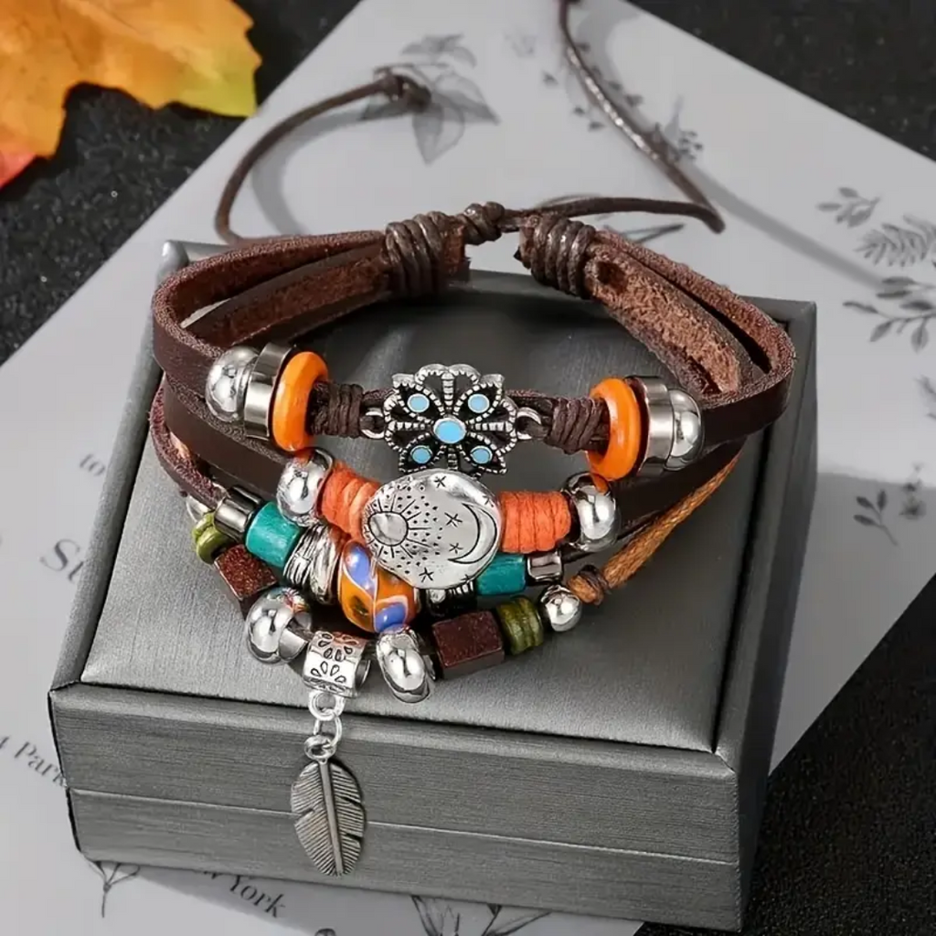 Leather and Bead Bracelet with Feather Charm