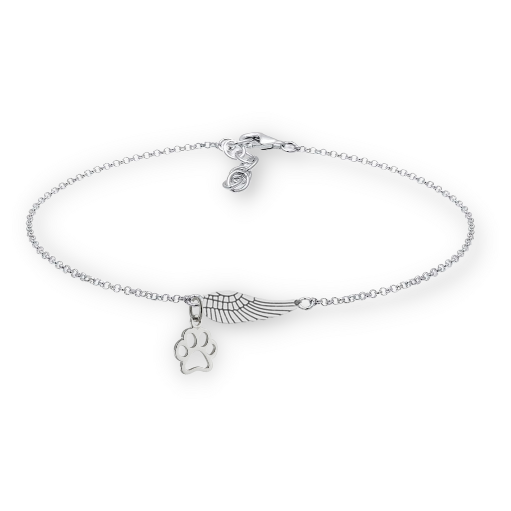 Handmade Silver-Tone Angel Wing and Paw Print Memorial Bracelet