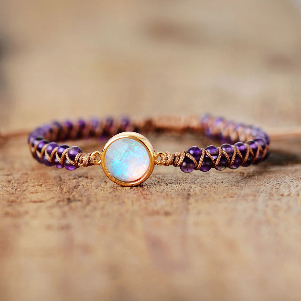 Amethyst Braided Bracelet with Round Moonstone-Look Stone
