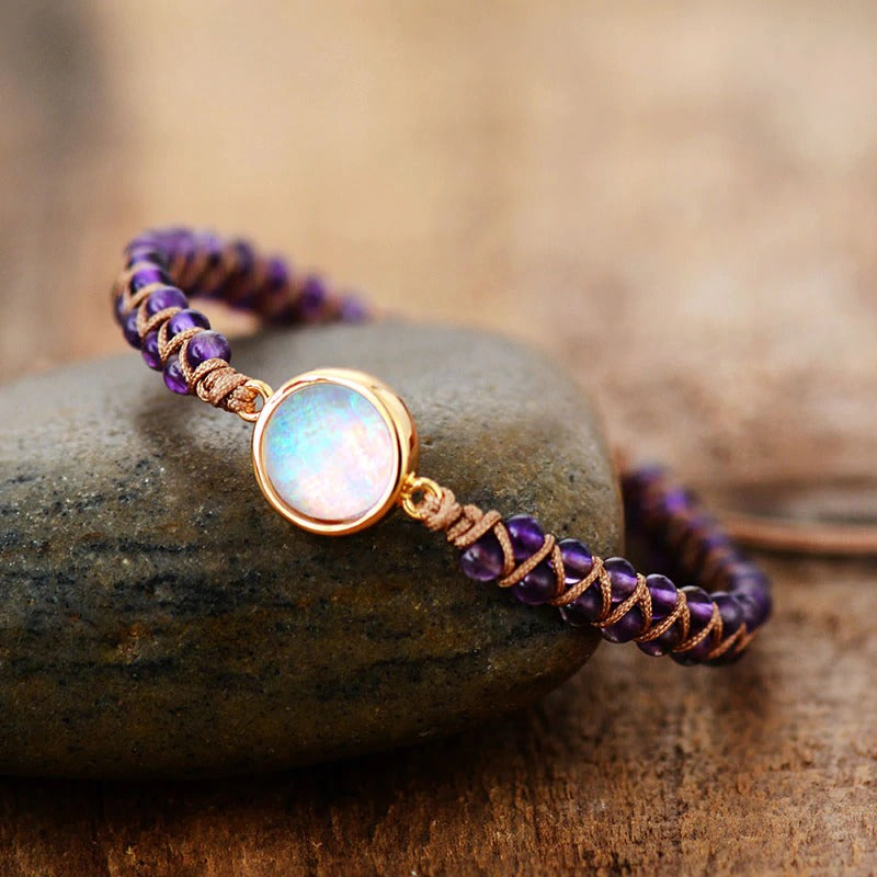 Amethyst Braided Bracelet with Round Moonstone-Look Stone