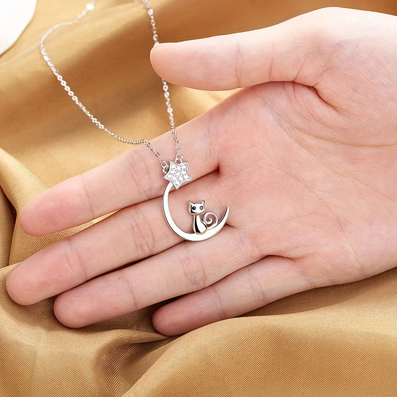 Sterling Silver Cat, Moon and Star Necklace