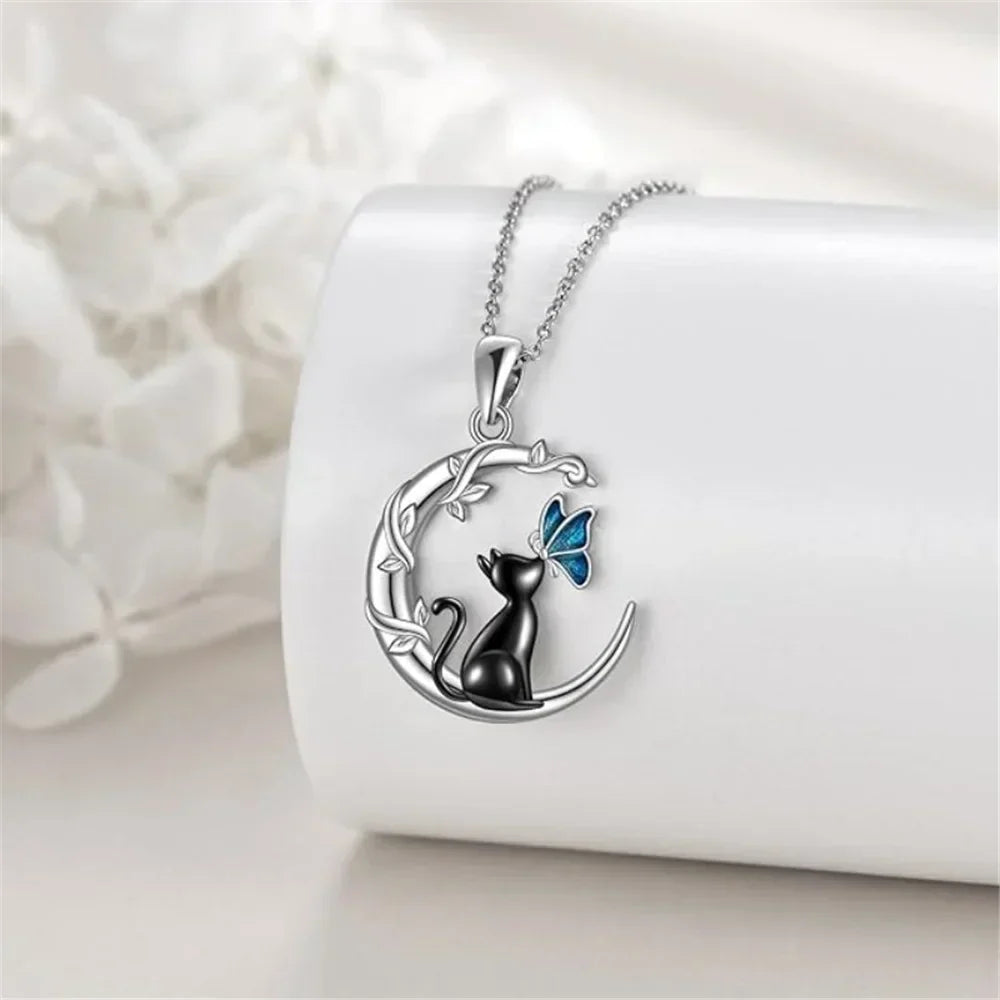 Moon, Cat and Butterfly Crystal Pendant Necklace