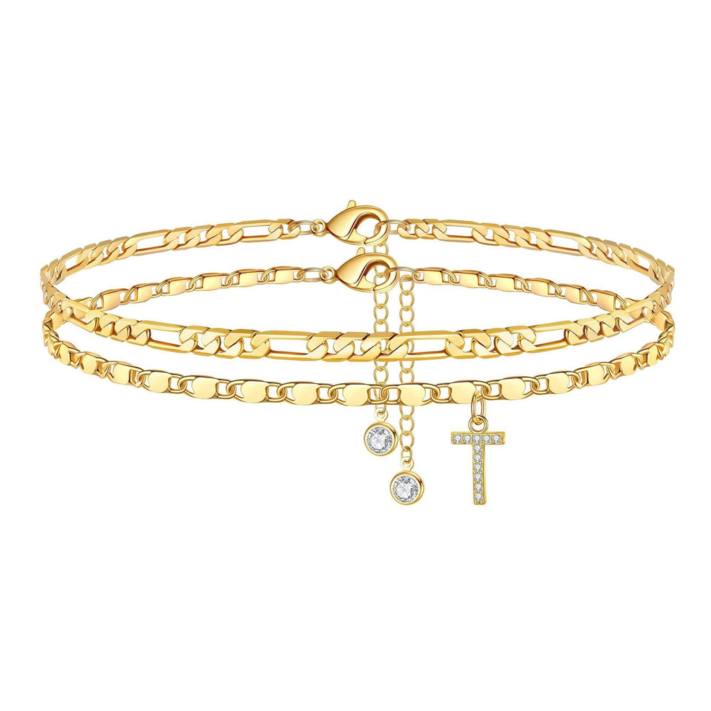 Two-Piece Initial Anklet Set with Diamond-Look Letter Charm