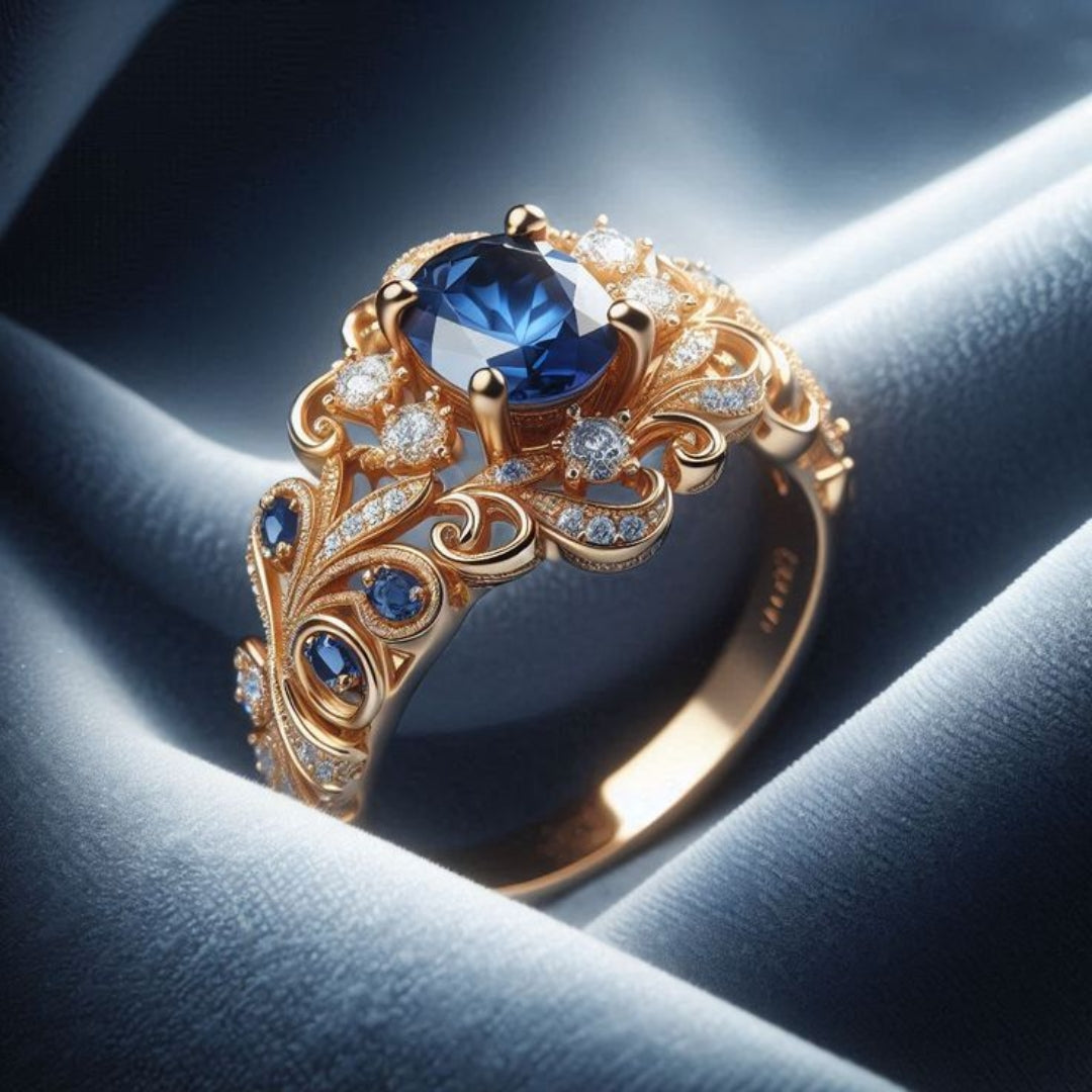 Blauwe kristallijnen goudkleurige ring met exotisch ontwerp
