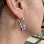 Pink Petal Burst Earrings in White Gold Tone