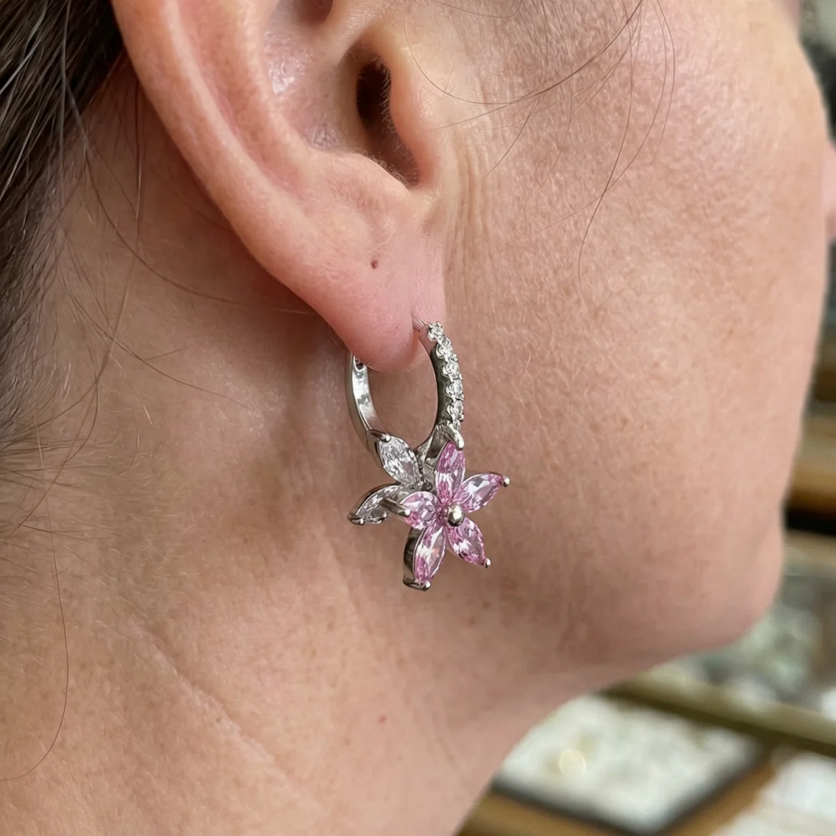 Pink Petal Burst Earrings in White Gold Tone