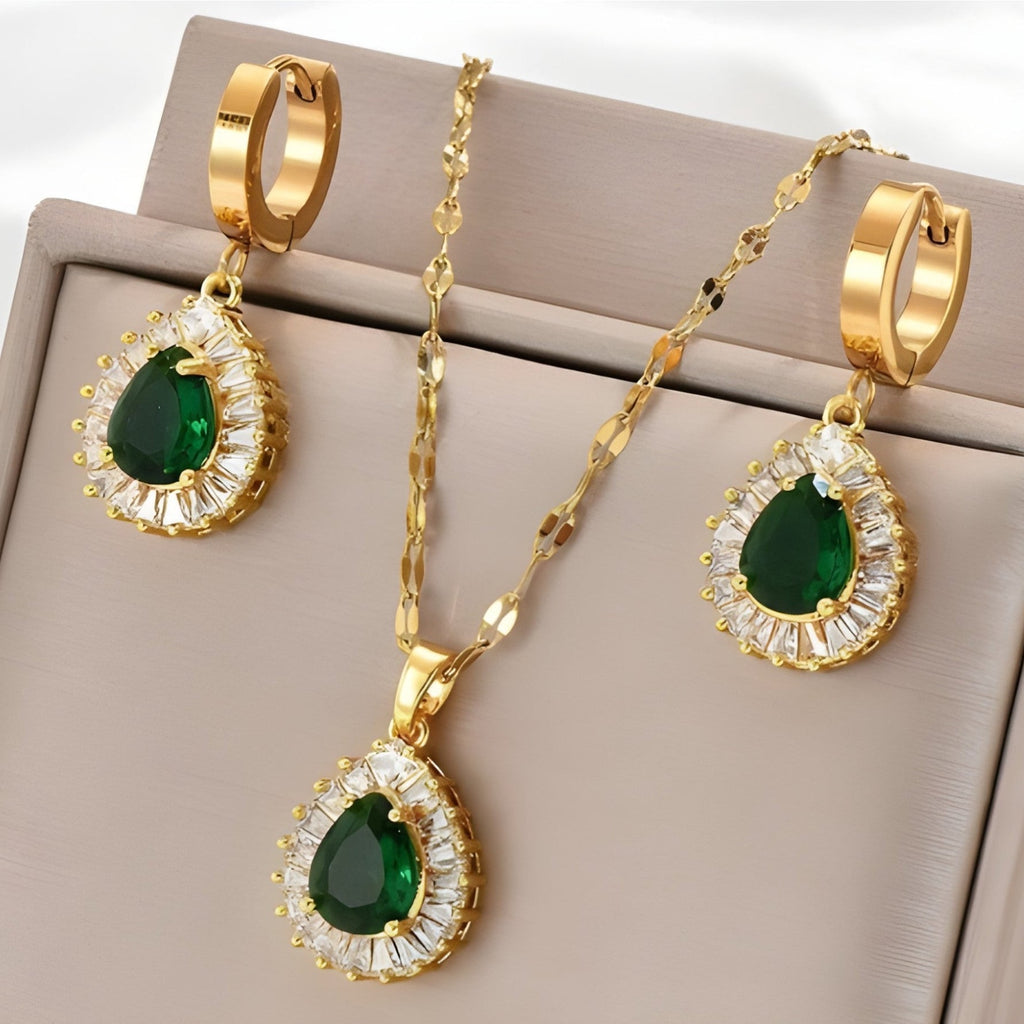 Green Teardrop Pendant and Earrings Set in Gold Tone