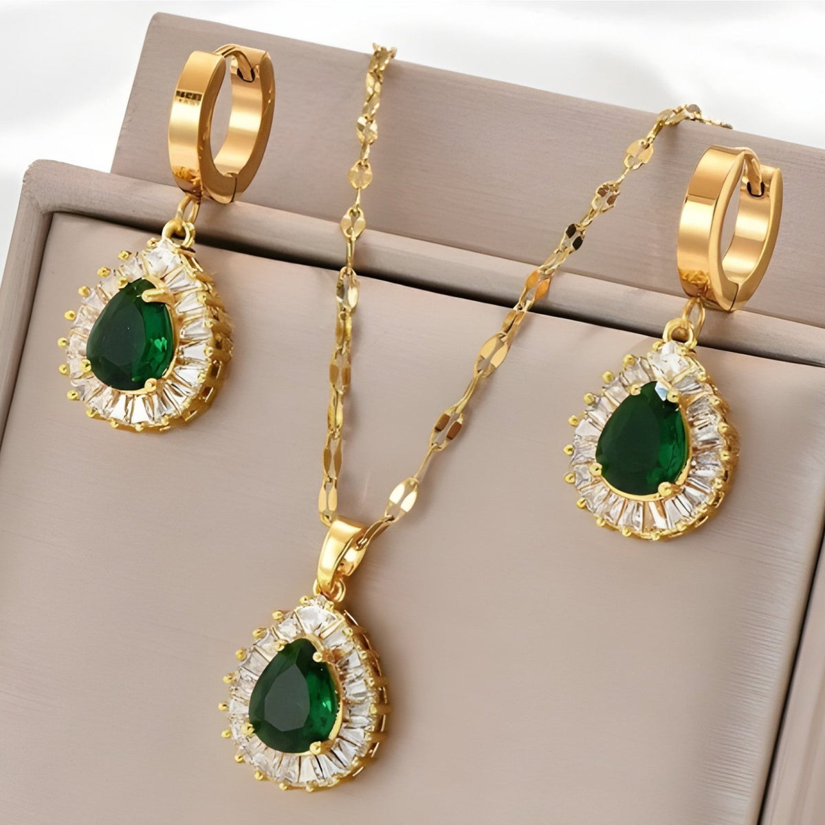 Green Teardrop Pendant and Earrings Set in Gold Tone