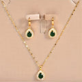 Green Teardrop Pendant and Earrings Set in Gold Tone