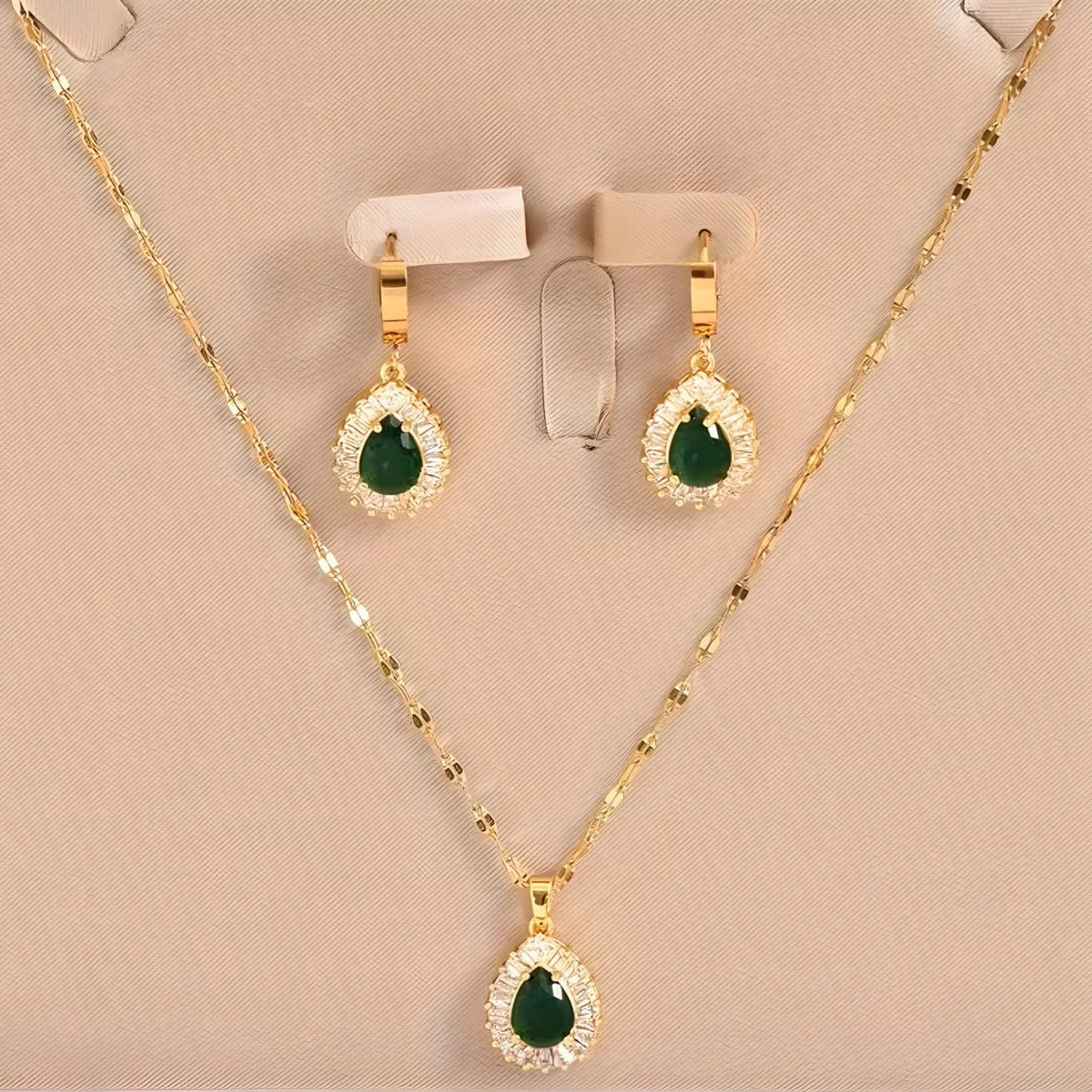 Green Teardrop Pendant and Earrings Set in Gold Tone